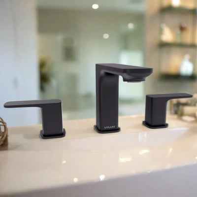 Corsica 2 Handle Widespread Brass Bathroom Faucet with drain assembly in Matte Black finish Corsica 2 Handle Widespread Brass Bathroom Faucet with drain assembly in Matte Black finish