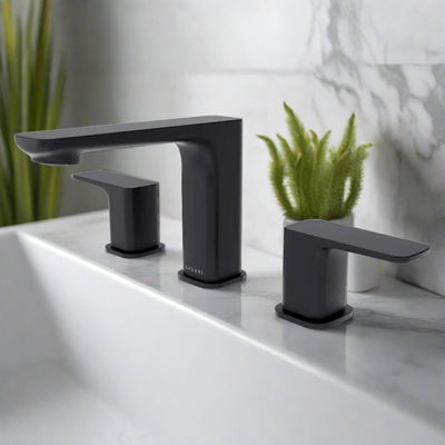 Corsica 2 Handle Widespread Brass Bathroom Faucet with drain assembly in Matte Black finish Corsica 2 Handle Widespread Brass Bathroom Faucet with drain assembly in Matte Black finish