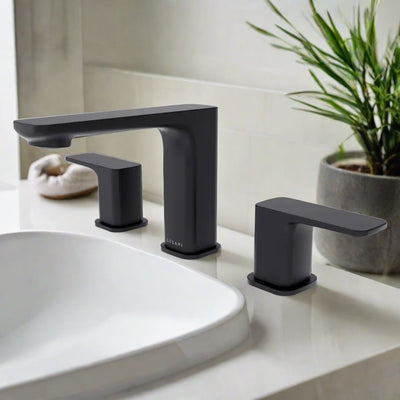 Corsica 2 Handle Widespread Brass Bathroom Faucet with drain assembly in Matte Black finish Corsica 2 Handle Widespread Brass Bathroom Faucet with drain assembly in Matte Black finish