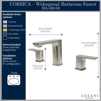 Corsica 2 Handle Widespread Brass Bathroom Faucet with drain assembly in All finish Corsica 2 Handle Widespread Brass Bathroom Faucet with drain assembly in All finish