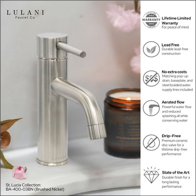 St. Lucia 1 Handle Single Hole Brass Bathroom Faucet with drain assembly in Brushed Nickel finish St. Lucia 1 Handle Single Hole Brass Bathroom Faucet with drain assembly in Brushed Nickel finish