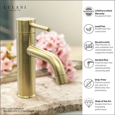 St. Lucia 1 Handle Single Hole Brass Bathroom Faucet with drain assembly in Champagne Gold finish St. Lucia 1 Handle Single Hole Brass Bathroom Faucet with drain assembly in Champagne Gold finish