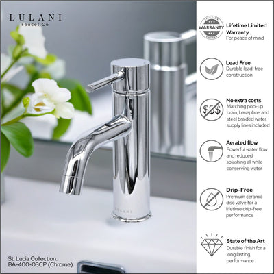 St. Lucia 1 Handle Single Hole Brass Bathroom Faucet with drain assembly in Chrome finish St. Lucia 1 Handle Single Hole Brass Bathroom Faucet with drain assembly in Chrome finish