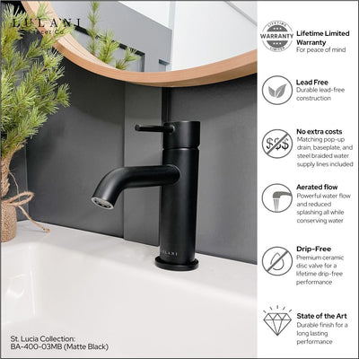 St. Lucia 1 Handle Single Hole Brass Bathroom Faucet with drain assembly in Matte Black finish St. Lucia 1 Handle Single Hole Brass Bathroom Faucet with drain assembly in Matte Black finish