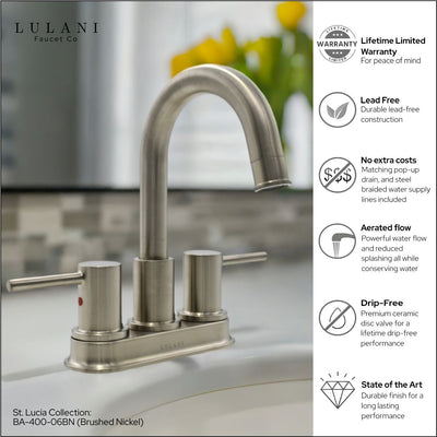 St. Lucia 2 Handle Centerset Brass Bathroom Faucet with drain assembly in Brushed Nickel finish St. Lucia 2 Handle Centerset Brass Bathroom Faucet with drain assembly in Brushed Nickel finish