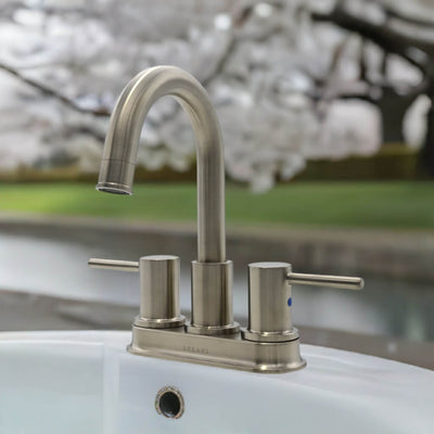 St. Lucia 2 Handle Centerset Brass Bathroom Faucet with drain assembly in Brushed Nickel finish St. Lucia 2 Handle Centerset Brass Bathroom Faucet with drain assembly in Brushed Nickel finish