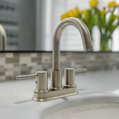 St. Lucia 2 Handle Centerset Brass Bathroom Faucet with drain assembly in Brushed Nickel finish St. Lucia 2 Handle Centerset Brass Bathroom Faucet with drain assembly in Brushed Nickel finish