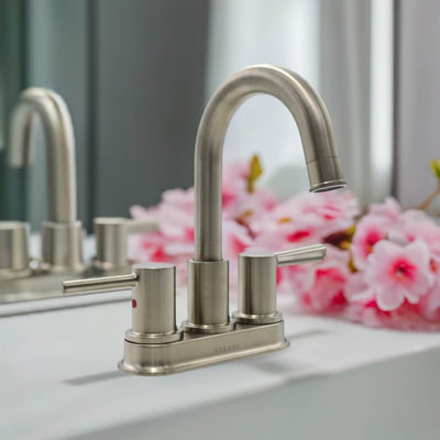 St. Lucia 2 Handle Centerset Brass Bathroom Faucet with drain assembly in Brushed Nickel finish St. Lucia 2 Handle Centerset Brass Bathroom Faucet with drain assembly in Brushed Nickel finish