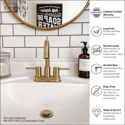 St. Lucia 2 Handle Centerset Brass Bathroom Faucet with drain assembly in Champagne Gold finish St. Lucia 2 Handle Centerset Brass Bathroom Faucet with drain assembly in Champagne Gold finish