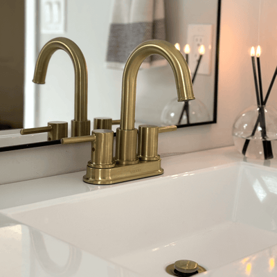 St. Lucia 2 Handle Centerset Brass Bathroom Faucet with drain assembly in Champagne Gold finish St. Lucia 2 Handle Centerset Brass Bathroom Faucet with drain assembly in Champagne Gold finish