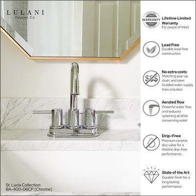 St. Lucia 2 Handle Centerset Brass Bathroom Faucet with drain assembly in Chrome finish St. Lucia 2 Handle Centerset Brass Bathroom Faucet with drain assembly in Chrome finish