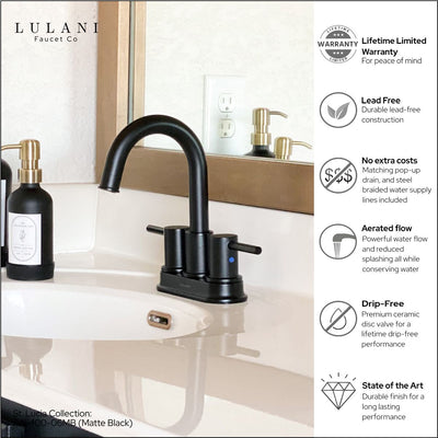 St. Lucia 2 Handle Centerset Brass Bathroom Faucet with drain assembly in Matte Black finish St. Lucia 2 Handle Centerset Brass Bathroom Faucet with drain assembly in Matte Black finish
