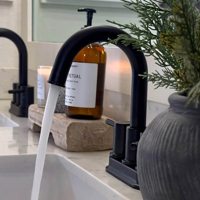 St. Lucia 2 Handle Centerset Brass Bathroom Faucet with drain assembly in Matte Black finish St. Lucia 2 Handle Centerset Brass Bathroom Faucet with drain assembly in Matte Black finish