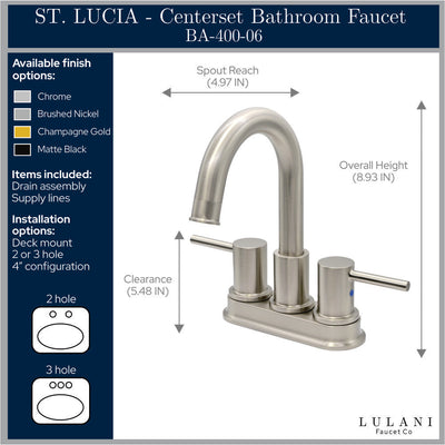 St. Lucia 2 Handle Centerset Brass Bathroom Faucet with drain assembly in All finish St. Lucia 2 Handle Centerset Brass Bathroom Faucet with drain assembly in All finish