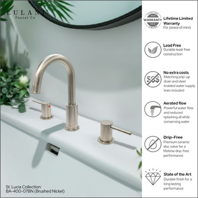 St. Lucia 2 Handle 3 Hole Widespread Brass Bathroom Faucet with drain assembly in Brushed Nickel finish St. Lucia 2 Handle 3 Hole Widespread Brass Bathroom Faucet with drain assembly in Brushed Nickel finish