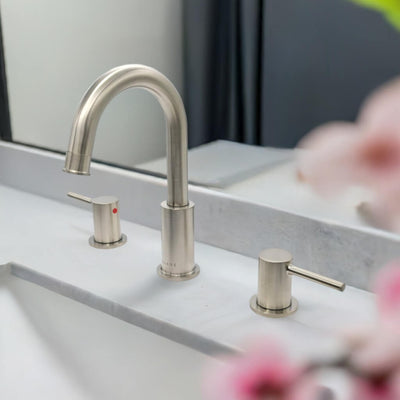 St. Lucia 2 Handle 3 Hole Widespread Brass Bathroom Faucet with drain assembly in Brushed nickel finish