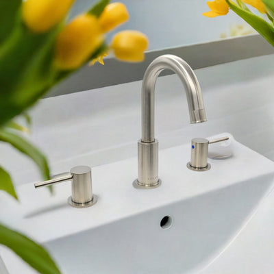 St. Lucia 2 Handle 3 Hole Widespread Brass Bathroom Faucet with drain assembly in Brushed Nickel finish St. Lucia 2 Handle 3 Hole Widespread Brass Bathroom Faucet with drain assembly in Brushed Nickel finish