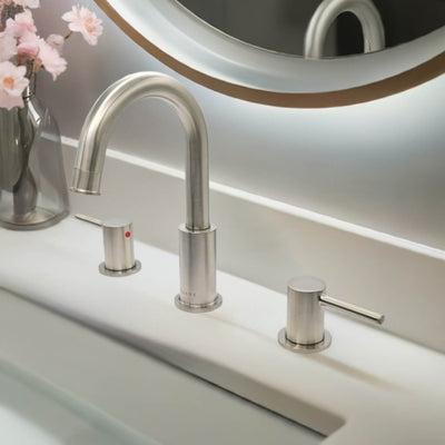 St. Lucia 2 Handle 3 Hole Widespread Brass Bathroom Faucet with drain assembly in Brushed Nickel finish St. Lucia 2 Handle 3 Hole Widespread Brass Bathroom Faucet with drain assembly in Brushed Nickel finish