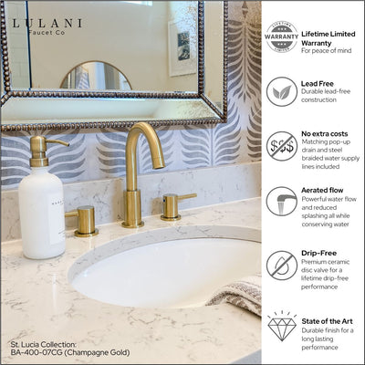 St. Lucia 2 Handle 3 Hole Widespread Brass Bathroom Faucet with drain assembly in Champagne Gold finish St. Lucia 2 Handle 3 Hole Widespread Brass Bathroom Faucet with drain assembly in Champagne Gold finish