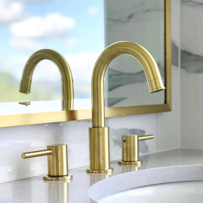 St. Lucia 2 Handle 3 Hole Widespread Brass Bathroom Faucet with drain assembly in Champagne Gold finish St. Lucia 2 Handle 3 Hole Widespread Brass Bathroom Faucet with drain assembly in Champagne Gold finish