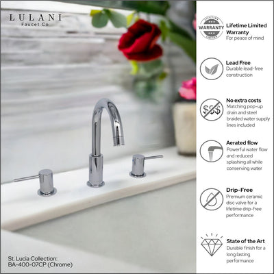 St. Lucia 2 Handle 3 Hole Widespread Brass Bathroom Faucet with drain assembly in Chrome finish St. Lucia 2 Handle 3 Hole Widespread Brass Bathroom Faucet with drain assembly in Chrome finish