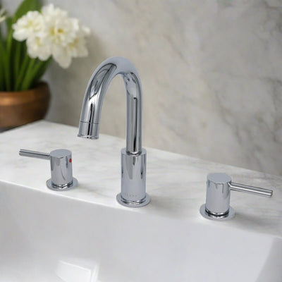 St. Lucia 2 Handle 3 Hole Widespread Brass Bathroom Faucet with drain assembly in Chrome finish St. Lucia 2 Handle 3 Hole Widespread Brass Bathroom Faucet with drain assembly in Chrome finish