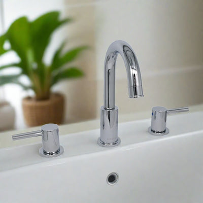 St. Lucia 2 Handle 3 Hole Widespread Brass Bathroom Faucet with drain assembly in Chrome finish St. Lucia 2 Handle 3 Hole Widespread Brass Bathroom Faucet with drain assembly in Chrome finish