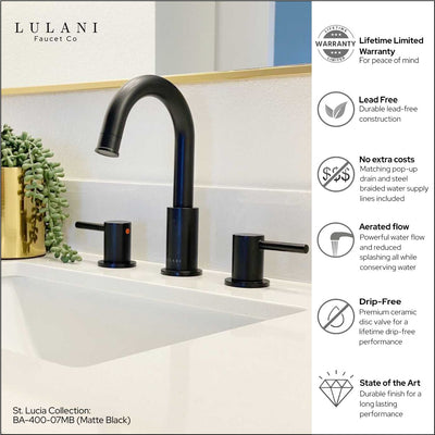 St. Lucia 2 Handle 3 Hole Widespread Brass Bathroom Faucet with drain assembly in Matte Black finish St. Lucia 2 Handle 3 Hole Widespread Brass Bathroom Faucet with drain assembly in Matte Black finish