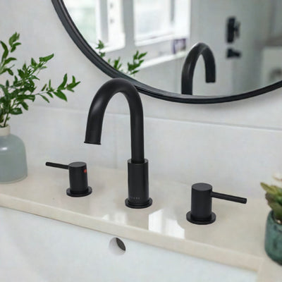 St. Lucia 2 Handle 3 Hole Widespread Brass Bathroom Faucet with drain assembly in Matte Black finish St. Lucia 2 Handle 3 Hole Widespread Brass Bathroom Faucet with drain assembly in Matte Black finish