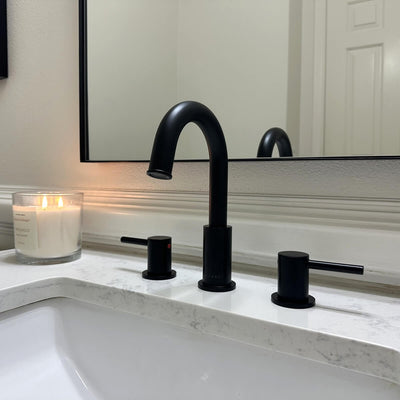 St. Lucia 2 Handle 3 Hole Widespread Brass Bathroom Faucet with drain assembly in Matte Black finish St. Lucia 2 Handle 3 Hole Widespread Brass Bathroom Faucet with drain assembly in Matte Black finish