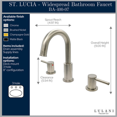 St. Lucia 2 Handle 3 Hole Widespread Brass Bathroom Faucet with drain assembly in All finish St. Lucia 2 Handle 3 Hole Widespread Brass Bathroom Faucet with drain assembly in All finish