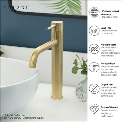 St. Lucia 1 Handle Vessel Height Brass Bathroom Faucet with drain assembly in Champagne Gold finish St. Lucia 1 Handle Vessel Height Brass Bathroom Faucet with drain assembly in Champagne Gold finish