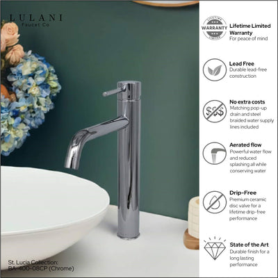 St. Lucia 1 Handle Vessel Height Brass Bathroom Faucet with drain assembly in Chrome finish St. Lucia 1 Handle Vessel Height Brass Bathroom Faucet with drain assembly in Chrome finish