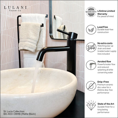 St. Lucia 1 Handle Vessel Height Brass Bathroom Faucet with drain assembly in Matte Black finish St. Lucia 1 Handle Vessel Height Brass Bathroom Faucet with drain assembly in Matte Black finish
