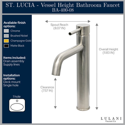 St. Lucia 1 Handle Vessel Height Brass Bathroom Faucet with drain assembly in All finish St. Lucia 1 Handle Vessel Height Brass Bathroom Faucet with drain assembly in All finish