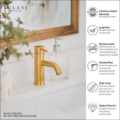 Aruba Stainless Steel 1 Handle Bathroom Faucet with drain assembly in Brushed Gold finish Aruba Stainless Steel 1 Handle Bathroom Faucet with drain assembly in Brushed Gold finish