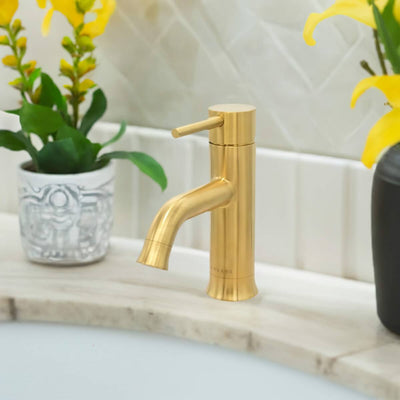 Aruba Stainless Steel 1 Handle Bathroom Faucet with drain assembly in Brushed Gold finish Aruba Stainless Steel 1 Handle Bathroom Faucet with drain assembly in Brushed Gold finish