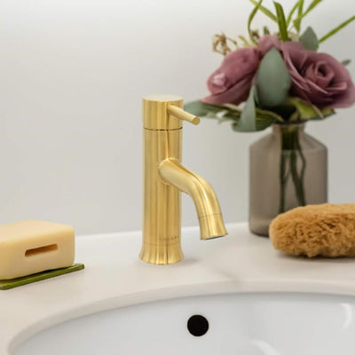 Aruba Stainless Steel 1 Handle Bathroom Faucet with drain assembly in Brushed Gold finish Aruba Stainless Steel 1 Handle Bathroom Faucet with drain assembly in Brushed Gold finish