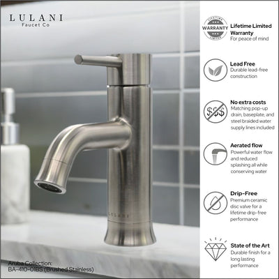 Aruba Stainless Steel 1 Handle Bathroom Faucet with drain assembly in Brushed Stainless finish Aruba Stainless Steel 1 Handle Bathroom Faucet with drain assembly in Brushed Stainless finish