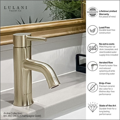 Aruba Stainless Steel 1 Handle Bathroom Faucet with drain assembly in Champagne Gold finish Aruba Stainless Steel 1 Handle Bathroom Faucet with drain assembly in Champagne Gold finish