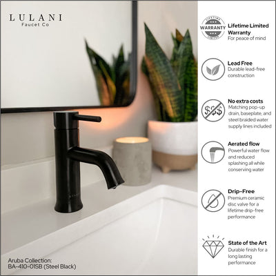 Aruba Stainless Steel 1 Handle Bathroom Faucet with drain assembly in Steel Black finish Aruba Stainless Steel 1 Handle Bathroom Faucet with drain assembly in Steel Black finish