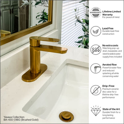 Yasawa - Single Hole Stainless Steel Bathroom Faucet with drain assembly in Brushed Gold finish Yasawa - Single Hole Stainless Steel Bathroom Faucet with drain assembly in Brushed Gold finish