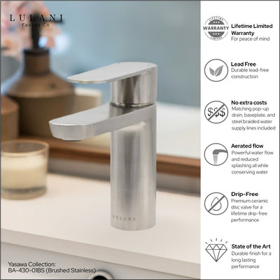 Yasawa - Single Hole Stainless Steel Bathroom Faucet with drain assembly in Brushed Stainless finish Yasawa - Single Hole Stainless Steel Bathroom Faucet with drain assembly in Brushed Stainless finish