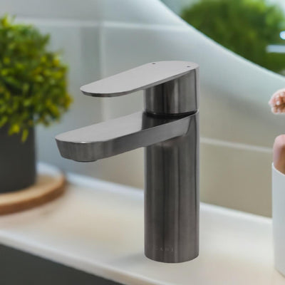 Yasawa - Single Hole Stainless Steel Bathroom Faucet with drain assembly in Gun Metal finish Yasawa - Single Hole Stainless Steel Bathroom Faucet with drain assembly in Gun Metal finish