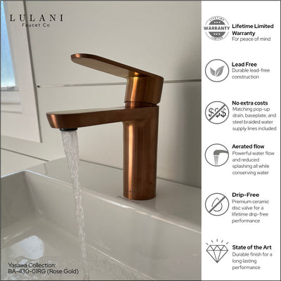 Yasawa - Single Hole Stainless Steel Bathroom Faucet with drain assembly in Rose Gold finish Yasawa - Single Hole Stainless Steel Bathroom Faucet with drain assembly in Rose Gold finish