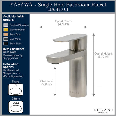 Yasawa - Single Hole Stainless Steel Bathroom Faucet with drain assembly in All finish Yasawa - Single Hole Stainless Steel Bathroom Faucet with drain assembly in All finish
