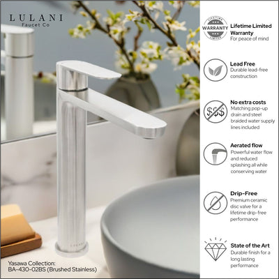 Yasawa Stainless Steel 1 Handle Vessel Sink Bathroom Faucet with drain assembly in Brushed Stainless finish Yasawa Stainless Steel 1 Handle Vessel Sink Bathroom Faucet with drain assembly in Brushed Stainless finish