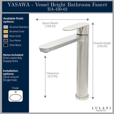 Yasawa Stainless Steel 1 Handle Vessel Sink Bathroom Faucet with drain assembly in All finish Yasawa Stainless Steel 1 Handle Vessel Sink Bathroom Faucet with drain assembly in All finish