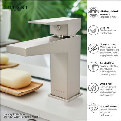 Boracay 1 Handle Single Hole Brass Bathroom Faucet with drain assembly in Brushed Nickel finish Boracay 1 Handle Single Hole Brass Bathroom Faucet with drain assembly in Brushed Nickel finish