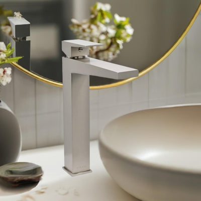Boracay 1 Handle Vessel Sink Brass Bathroom Faucet with drain assembly in Brushed Nickel finish Boracay 1 Handle Vessel Sink Brass Bathroom Faucet with drain assembly in Brushed Nickel finish